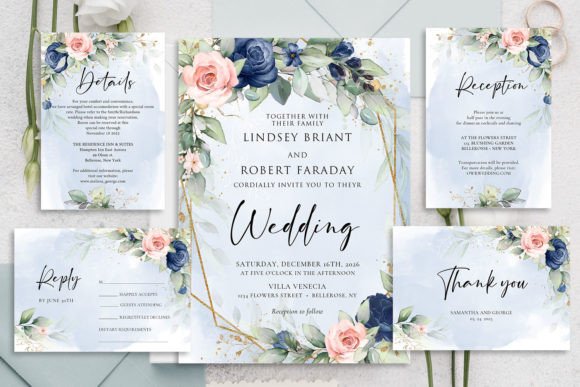 Navy and Blush Wedding Invitation Suite